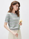 Women's Silk-Cotton Jacquard Stripe Knit Crew Neck Short Sleeve T-Shirt