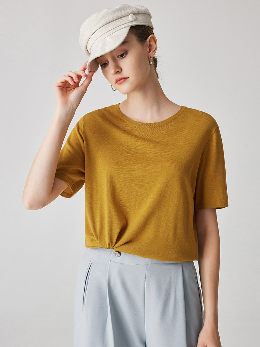 COMOBOCA Caramel Women's Essential Round Neck Knit T-Shirt