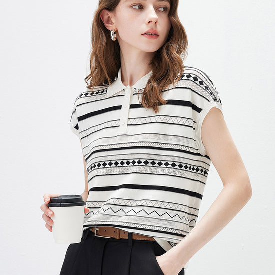 COMOBOCA Women's Geometric Stripe Polo Knit T-Shirt