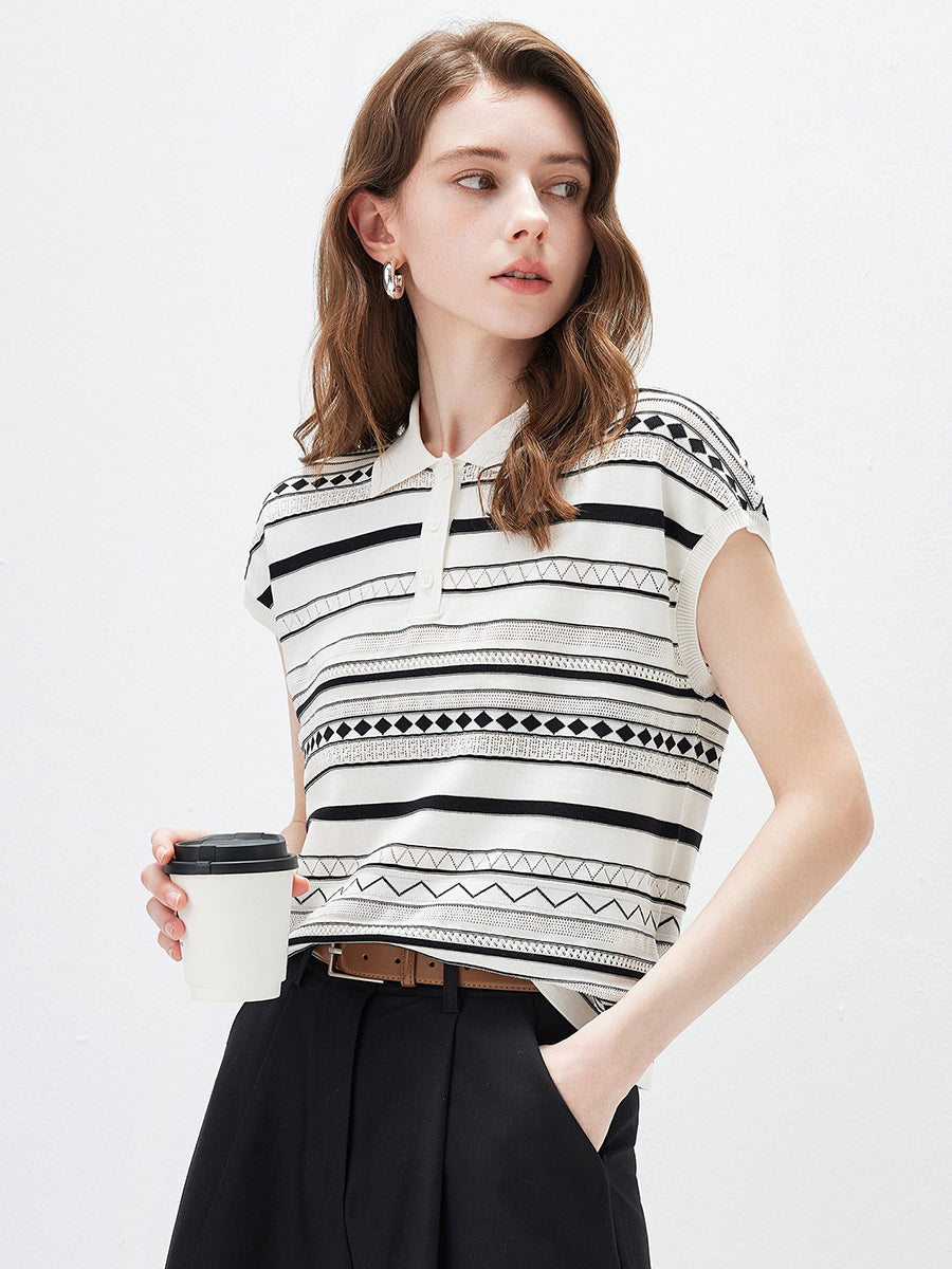 COMOBOCA Women's Geometric Stripe Polo Knit T-Shirt