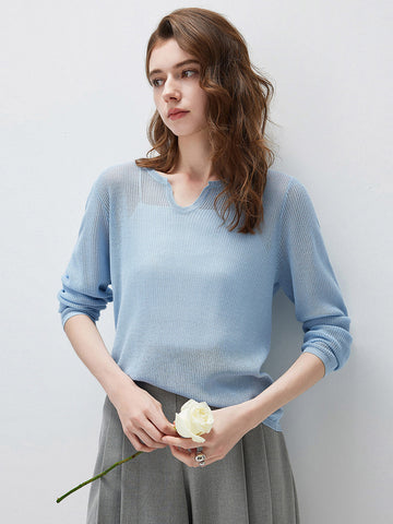 COMOBOCA Light Blue Women's Split V-Neck Knit Sweater