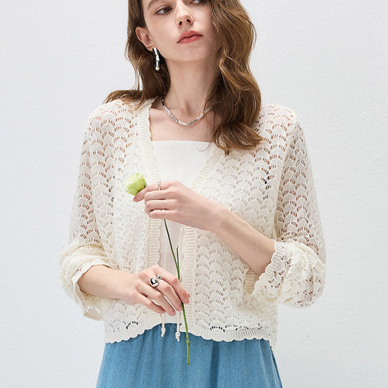 COMOBOCA Cloudy Women's Linen Lace Knit Tie Front Cardigan