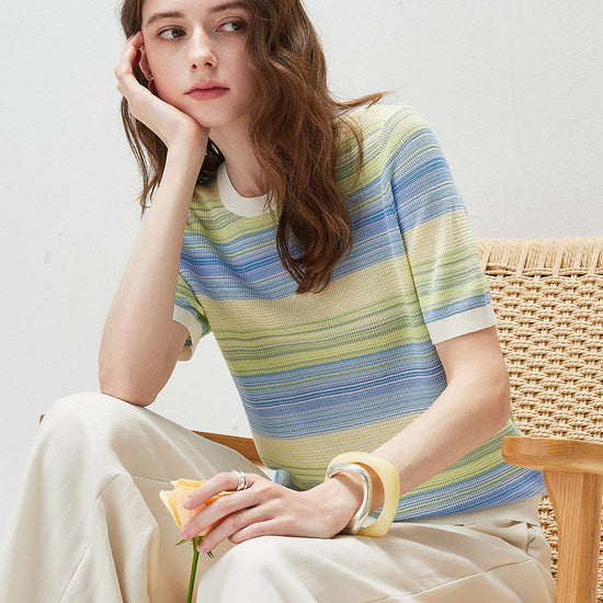 COMOBOCA Women's Gradient Stripe Openwork Knit T-Shirt
