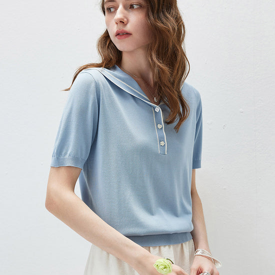 COMOBOCA Women's Sailor Collar Contrast Trim Knit Polo T-Shirt