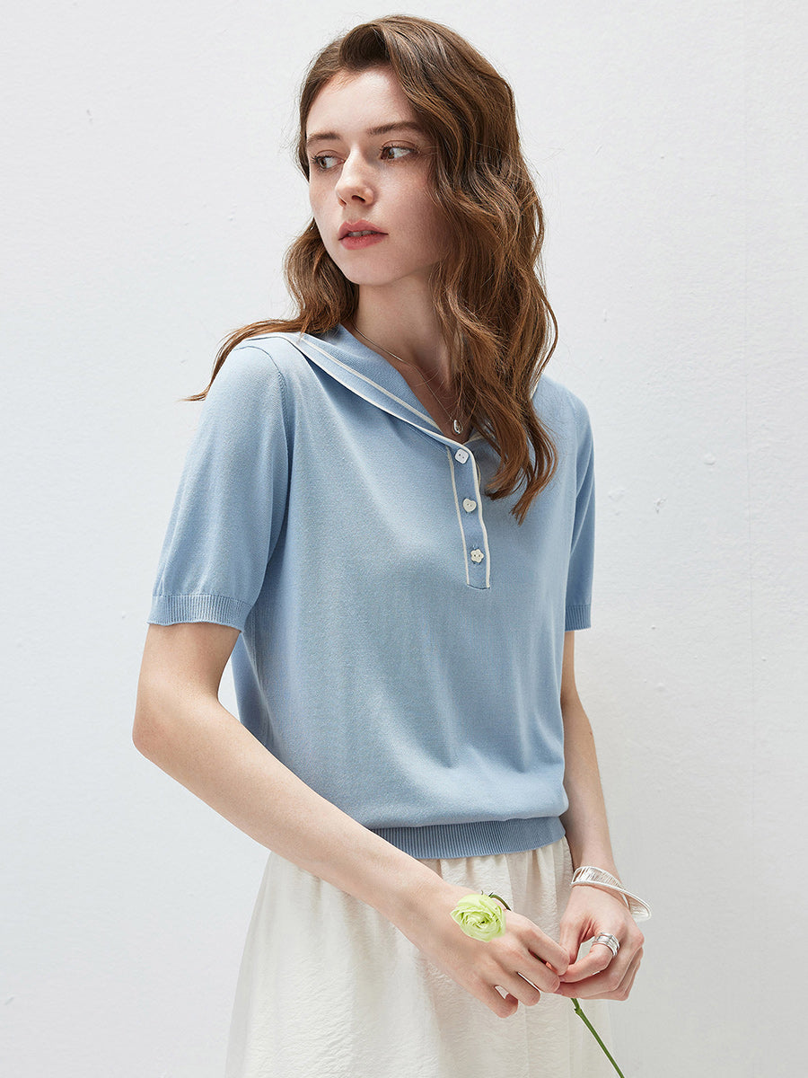 COMOBOCA Women's Sailor Collar Contrast Trim Knit Polo T-Shirt