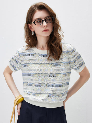 COMOBOCA Geometric Women's Fair Isle Semi Sheer Knit T-Shirt
