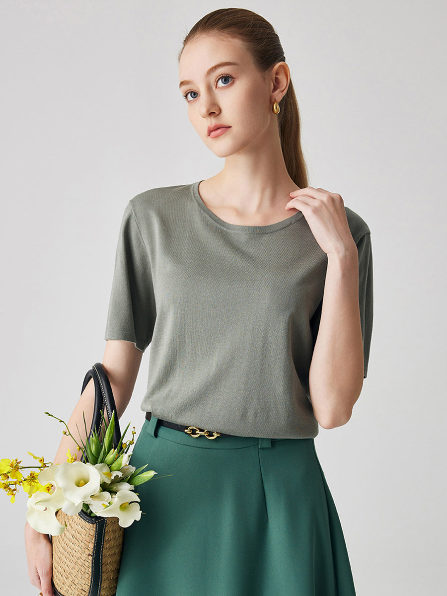 COMOBOCA Earthy Grove Women's Essential Round Neck Knit T-Shirt