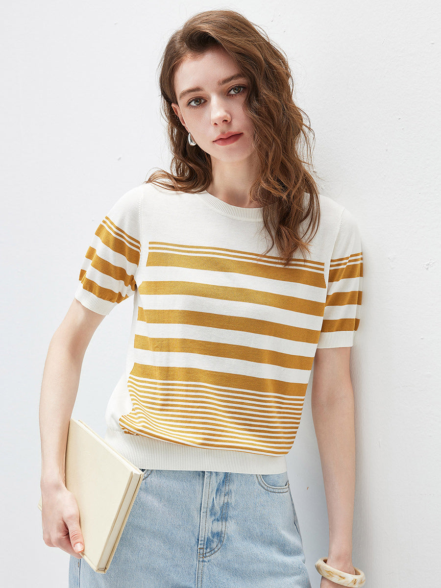COMOBOCA Women's Contrast Stripe Knit T-Shirt