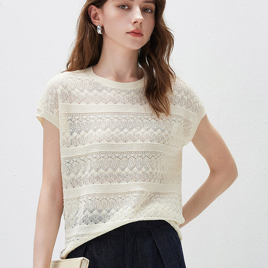 COMOBOCA Cloudy Women's Openwork Striped Sleeveless Knit T-Shirt