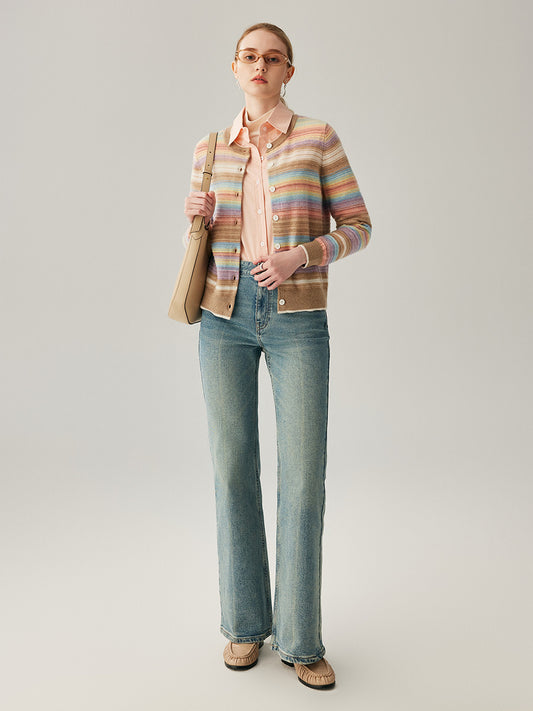 COMOBOCA 100% Cashmere Women's Striped Button Down Cardigan