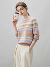 100% Cashmere Women's Rainbow Striped Round Neck Sweater